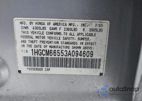 2003 Honda Accord 3.0 Ex z USA, uszkodzony, nr VIN 1HGCM66553A094609